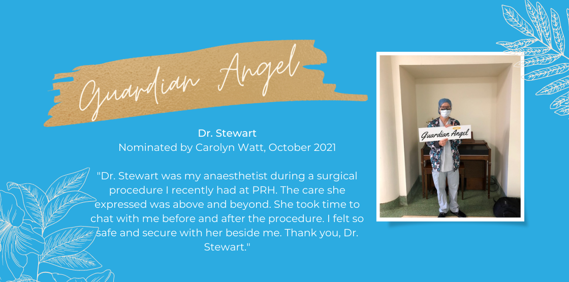 A guardian angel slide showing Dr. Stewart of the pembroke regional hospital receiving her guardian angel pin